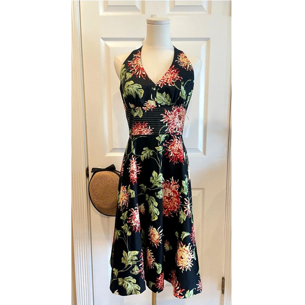 NWT VTG Donna Ricco Halter Dress Black Floral Green Bustier Cotton Midi Sz 6